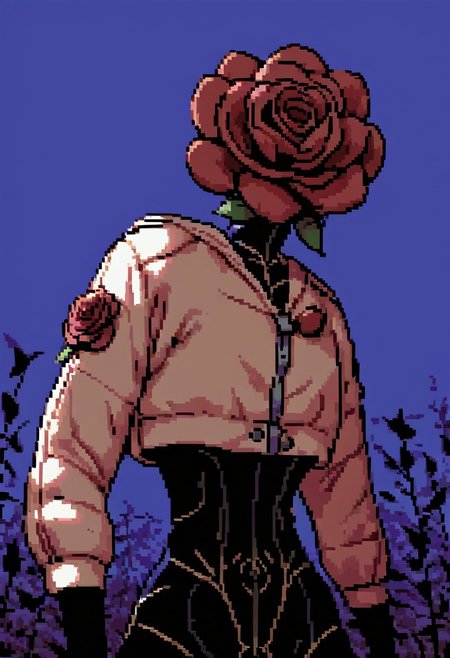 score_9, score_8_up, score_7_up, score_6_up,  dramatic light , dramatic angle , high definition , solo , night , shadow , rose head , faceless , bodysuit , black pants , crop top , cropped jacket , floating rose 
aesthetic , 2d , pixel ,
<lora:add-detail-xl:-1>
h3ad,object_head