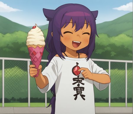 1girl, white shirt, <lora:Jahy:.8>, purple hair, solo, tan skin, red jewel, happy, outdoors, holding icecream, <lora:PossumMachine_XL_Pony:1> possummachine,