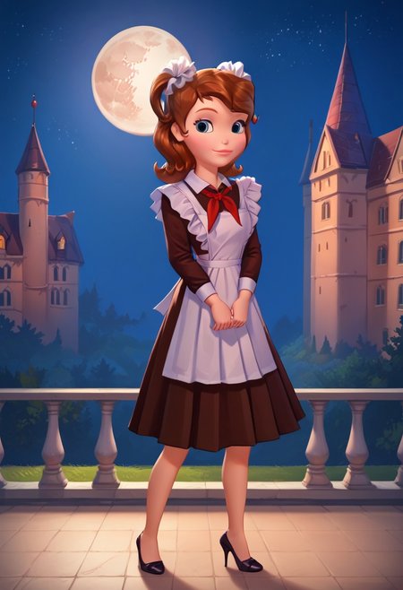 score_9, score_8_up, score_7_up, masterpiece, best quality,high quality, 8k, HD, sofia_the_first, blue eyes, brown hair,1girl, solo, large breasts, huge cleavage,background near castle, night, night sky, full moon,  soviet school uniform,frilled apron, frilled hair scrunchie, red neckerchief sexy pose, provocative, seducative face,high heels,