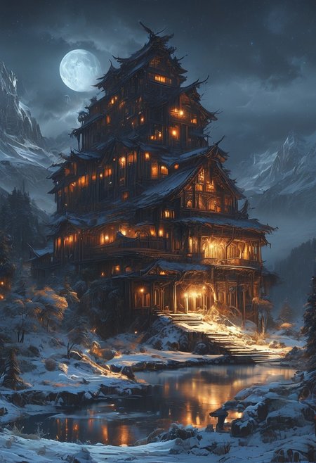 A captivating night scene illustration featuring a grand WOODEN norse long house standing tall on a large snowy hill overlooking a lake. The beautiful long house adorned with some windows, emits a warm glow, highlighting its incredible craftsmanship. The snowy  hill is covered in great pine trees, reflecting on the calm, moonlit snow  that mirrors the silvery moonlight. The full moon graces the sky, casting an ethereal glow on the clouds and mountain, while wispy clouds partially obscure its brilliance, adding to the scene's mystique. Twinkling stars dot the sky, creating a celestial tapestry that harmonizes with the moon's radiance. This enchanting artwork captures a serene and peaceful night, where the illuminated WOODEN Norse longhouse stands resolute amidst the celestial beauty, creating a cinematic experience., illustration, cinematic
<lora:DonM3t3rn1tyXL-v1.1:0.7>, DonM3t3rn1tyXL,
OverallDetailXL  <lora:MJ52:0.3>  <lora:SDXLFaeTastic2400:0.4>  <lora:EpicF4nta5yXL:0.7>