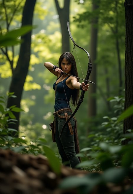 tilt-shift photo.  jordana practicing archery in a dense forest, her bow drawn, focused expression on her face, She stands in a confident, almost predatory stance. She has  a slender build, and a small bust, which contrasts with her muscular arms and legs, suggesting she is physically fit. Her  hair is styled in a sleek, modern fashion. holding a compound bow.  sunlight filtering through the trees creating dappled light on the forest floor, leaves rustling in the breeze, dynamic and naturalistic style. <lora:Hand v2:1>  . Selective focus, miniature effect, blurred background, highly detailed, vibrant, perspective control, <lora:jordanabv2:1>