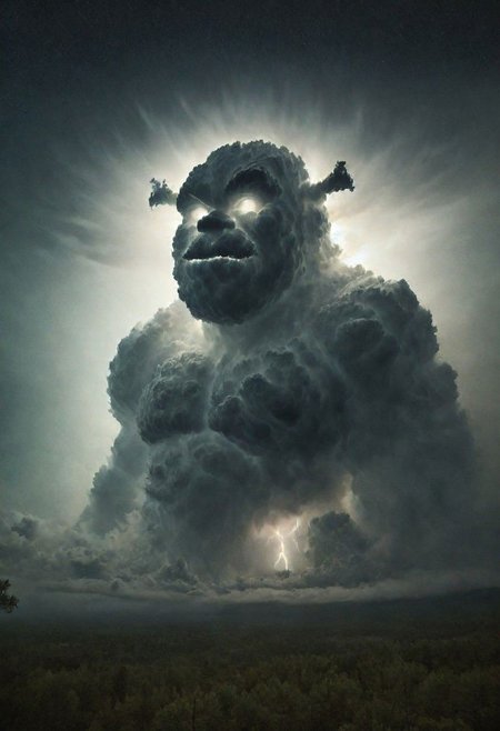 cosmic canvas, cloudy background, a huge green storm cloud in the shape of shrek, pine trees silhouetted in the foreground, lightning, Foggy conditions, Bokeh, Flustered, anaglyph effect, intricate details, National Geographic, martius_storm, scrunge, photo in phst artstyle