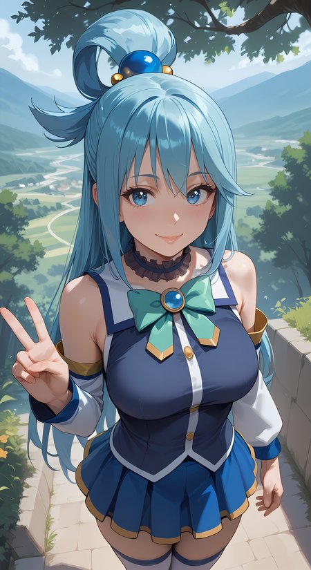 score_9, score_8_up, score_7_up, score_6_up, source_anime, absurdres, masterpiece, best quality, 1girl, aqua \(konosuba\), aqua hair, bare shoulders, blue hair, blush, bow, bowtie, breasts, choker, detached sleeves, hair ornament, hair rings, long hair, looking at viewer, large breasts, outdoors, skirt, smile, V, solo, (perspective:1.1), <lora:konosuba_collection_v2:0.7>, from_above, <lora:thiccwithaq-artist-richy-v1_pdxl:0.6>, nature, on a hill,