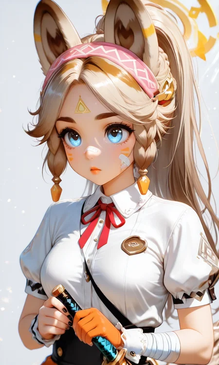 masterpiece, cute, lovely, (best quality:1.3), best quality, (amazing quality:1.3) ,very aesthetic, high resolution, absurdres, newest, 1girl, solo, perfect eyes, intricate eyes, Kachina_Genshin, animal ears, long hair, braid, high ponytail, brown hair, thick eyebrows, facial mark, blue eyes, parted bangs, tattoo, animal_tail, very cute, light particles, cute details, cute colors, (medium_breasts:1.3), BREAK, bandaid on face, bandaid, bandaid on cheek, forehead mark, parted lips, wrist cuffs, neck ribbon, short sleeves, fingernails, shirt, hairband, puffy short sleeves, puffy sleeves, shorts, t-shirt, bandages, sheath, sword, solo, holding, simple background, grey background, upper body, halo, facial mark, nail polish, closed mouth, red ribbon, black nails, bandaged arm, holding weapon, light frown, light rays, pink hairband, red lips, scabbard, weapon, white shirt, masterpiece, best quality, very aesthetic, intricate details, vivid colors, smooth shading, dynamic lighting, professional illustration, soft gradients, balanced composition, elegant pose, high-resolution, sharp focus, 8k, hdr, crisp lines, perfect lighting, sharp eyes, detailed eyes, highly detailed