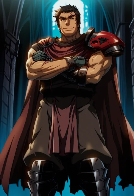 best quality, masterpiece, anime_screencap, hi res, best_quality, very aesthetic, absurdres, 8k, Kva1t, 1boy, male focus,
brown_eyes, black_hair,
scar,
manly,muscular,
thick eyebrows, facial hair, stubble, sideburns,
smile, 
standing, crossed arms, armor, cape, shoulder armor, pauldrons, shoulder pads, gauntlets, gloves, greaves, fantasy, beautiful lighting, ray traced, dim lighting, outdoors, battlefield