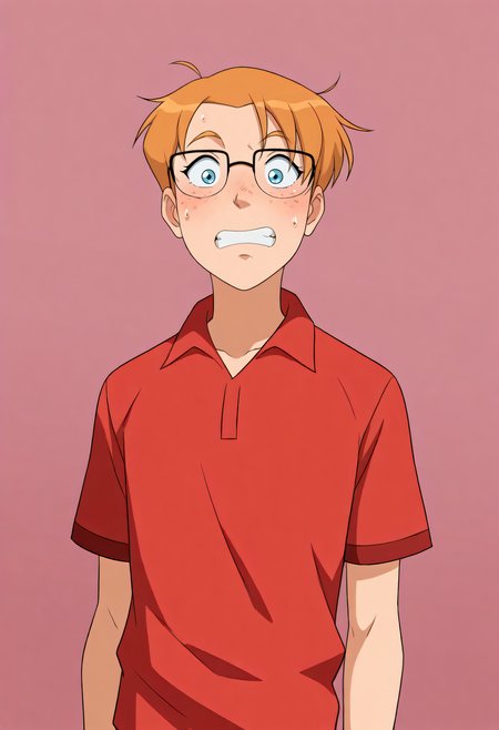 embedding:Illustrious\Positive\IllusP0s, embedding:Illustrious\Positive\IllustriousQual,1boy, solo, arnold_ts!, blue eyes, skinny body, orange hair, glasses, freckles, surprised, panicked, sweatdrop, clenched teeth, open mouth, red collared shirt, best quality, high resolution, masterpiece.