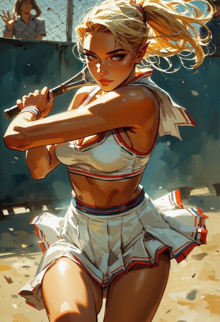 a sexy elven woman with light tanned skin, swinging a tennis racket. she wears a pleated skirt and a top, the garments are white with red and blue trims. her blond messy hair is styled as ponytail, emphasizing her pointy ears. she is focused and in full motion, swinging her racket. the action shot, depicts her upper body and focuses her eyes. the tennis court background is out of focus and motion blur enhance the dynamic scene. the midday sun casts soft lighting and shadows, highlight her details and clothing textures. the atmosphere is sophisticated and sportsmanlike, combined with female elegance. the image is highly detailed, realistic and intricate.
