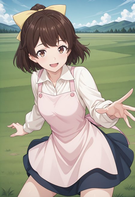 tantei1 akane, brown eyes, brown hair, ponytail, bangs, yellow bow, hair bow, white shirt, collared shirt, long sleeves, pink apron, blue skirt, <lora:tantei1_akane_illustrious_ver1:0.8>
smile, open mouth, cowboy shot, masterpiece, best quality, sensitive,, 1girl, solo, blue sky, (grasslands:1.2), looking at viewer,, (dynamic pose:1.4),