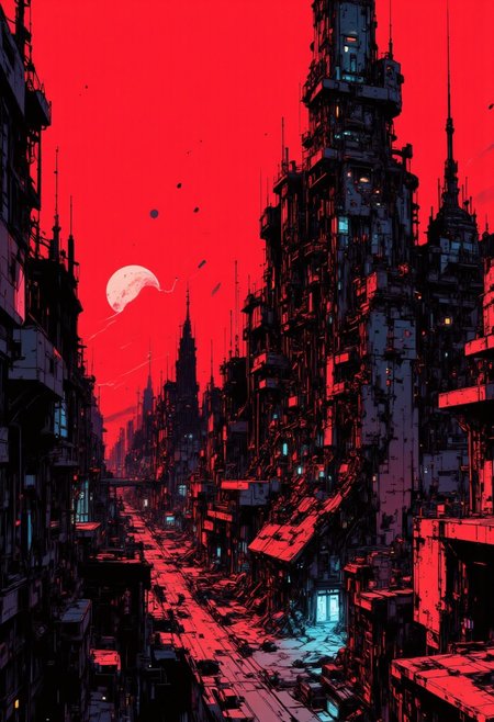 CAICO, nvinkpunk black and red theme, detailed image, This is a digital artwork in the style of ckgr, the image is featuring a sci-fi cityscape of colossal buildings and towers, black and gunmetal grey alloy surfaces with high-end circuitry, red glowing diodes and lights, large depth of field. The sky is an ominous red, with a moon hanging low in the horizon