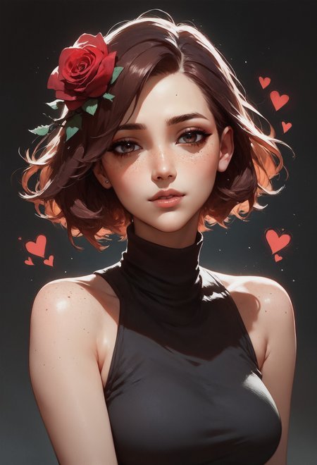 (score_9, score_8_up:1.1), score_7_up,  1girl, solo, expressive, hearts, dynamic, brown hair, short hair, brown eyes, pale skin girl, pale skin, freckles, turtleneck, bare shoulders, blush, red rose in hair, looking_longingly, seductive, sexy_woman, black background  <lora:sdxl/pony_twilight_style:0.8> <lora:sdxl/Expressive_H-000001:0.8>