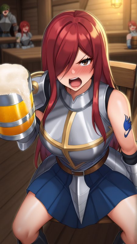 masterpiece, best quality, very aesthetic, absurdres, BREAK, 1girl, looking at viewer,
<lora:Heart_Kreuz_100YearsQuest_Illu_Dwnsty:0.8>, erz_hk100yearsq, brown eyes, red hair, long hair, hair over one eye, tattoo, breastplate, armor, blue skirt, pleated skirt, belt, shoulder armor, armored dress, knee boots, black footwear, 
large breasts, lips, angry, open mouth, drunk, 
indoors, bar, beer mug, drinking, sitting, chair, tavern,