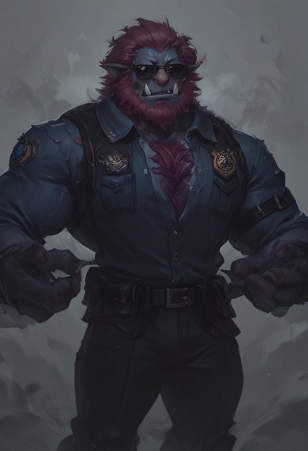 score_9 up, score_8 up, score_7up, solo, 
Trundle, purple skin, red hair, pink nose, tusks, facial hair, dark blue jacket, black pants, black gloves, long sleeves, 3 fingers, police badge, belt, chest strap, sunglasses, unimpressed expression,
office, waist up,
broad shoulders, wide chest, tall, muscular, big hands