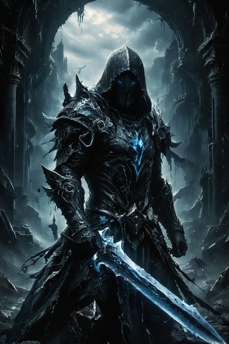 A dark and mysterious warrior stands amidst a stormy landscape, clad in tattered, hooded armor that exudes a menacing aura. The warrior holds a large, glowing blue sword crackling with energy, which illuminates the surrounding darkness. Lightning bolts strike the sky behind the figure, casting dramatic light and shadows. The rain pours down heavily, adding to the intense atmosphere. The overall scene is highly detailed, capturing the eerie and powerful presence of the warrior. The background features ruins and rocky terrain, enhancing the post-apocalyptic, fantasy setting. rain, raining, Assassin's Creed style, (fog, cloak, light blue neon:1.3), 
<lora:zavy-cntrst-sdxl:0.85> dark, chiaroscuro, low-key,
<lora:WildcardX-XL-Detail-Enhancer:0.6>,
<lora:glowneon_xl_v1:0.5> glowneon, glowing, sparks,
<lora:XL_Weapon_Sword_-_By_HailoKnight_2:0.6> Wielding sword,
<lora:The_Dark_Side_Of_The_Future:0.6>,
