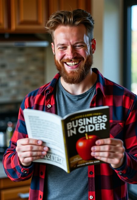 A happy Midwesterner wearing a flannel shirt reads the latest issue of a magazine with text "Business In Cider".  The magazine has a picture of an apple.  Magazine cover in focus, perfectly clear text, legible clear text.