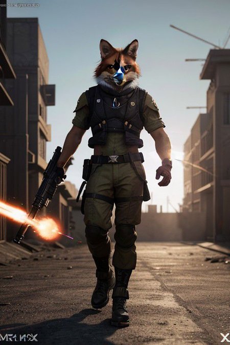 Red fox head reimagined as a Destiny game character, air force uniform,  manly, at midday, deep focus, angry, walking in bombed out city holding a laser cannon (X symbol:1.11), Lens Flare, extremely hyper aesthetic, (sfw) <lora:picxer_real:0.5>, epic realistic, hyperdetailed, (cycles render:1.3), caustics, (glossy:0.58), (artstation:0.82), (intricate details:0.9), (hdr, hyperdetailed:1.2)