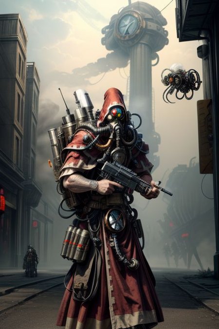((masterpiece,best quality)), absurdres, BREAK
mechanical arms, robes, hood, BREAK
((techpriest)), cyborg, mechanical face, mechanical limbs, gas mask, mechanical tentacles, (mechanical backpack), BREAK
1other, solo, holding pistol, firearm, handgun, pistol, gun, BREAK
factory background, smoggy sky, air pollution, smokestacks, BREAK