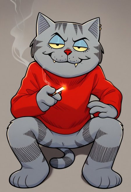 score_7, 1boy, furry, feline, fritz the cat, gray fur, red sweater, smoking cigarette, smug face, looking at viewer