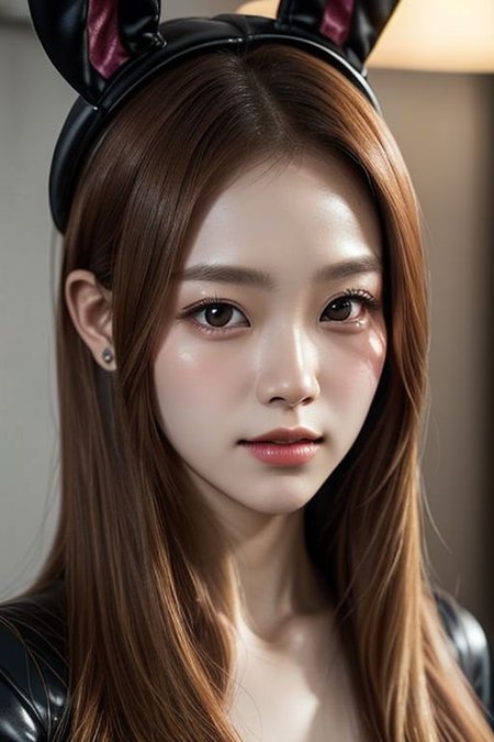 Kim Ji-soo, known mononymously as Jisoo, is a South Korean singer and actress. She is a member of the South Korean girl group Blackpink, (RAW photo, best quality), (realistic, photo-realistic:1.3), best quality ,masterpiece, an extremely delicate and beautiful, extremely detailed ,CG ,unity ,2k wallpaper, Amazing, finely detail, masterpiece, light smile, best quality, extremely detailed CG unity 8k wallpaper, huge filesize , ultra-detailed, highres, extremely detailed, 1girl, full body shot, hair ornament, looking at looking at viewer, light gold hair, black latex costume, ears rabbit hat,
