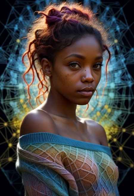 mysterious coloured woman with freckles, a shy woman in off-shoulder sweater, fading backlit background, pastell colours, alluring goddess, by Minjae Lee, Carne Griffiths, Emily Kell, Steve McCurry, Geoffroy Thoorens, Aaron Horkey, Jordan Grimmer, Greg Rutkowski, amazing depth, double exposure, surreal, geometric patterns, intricately detailed, bokeh,  perfect balanced, deep fine borders, artistic photorealism , smooth,  great masterwork by Suiras  <lora:add-detail-xl:2>  <lora:Double_Exposure:0.5>