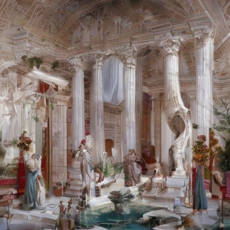 (masterpiece:1.2), (best quality,:1.2), 8k, HDR, ultra detailed, ((photorealistic)), professional light, cinematic lighting, fashion photography, ambient lighting, face lighting, <lora:detail_slider_v4:1>, Fantasy picture, OverallDetail, large ancient roman with a fountain and one statue in the center, RomInt, <lora:RomanInterior-10:1>, epiCPhoto