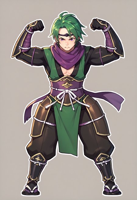 score_9, score_7_up, 1boy, full body, flexing, shouting, <lora:KazeFE-pdxl:1> kaze, green hair, circlet, purple eyes, purple scarf, ninja, bracer, black gloves, sash, greaves, armor, tabi, simple background, white outline