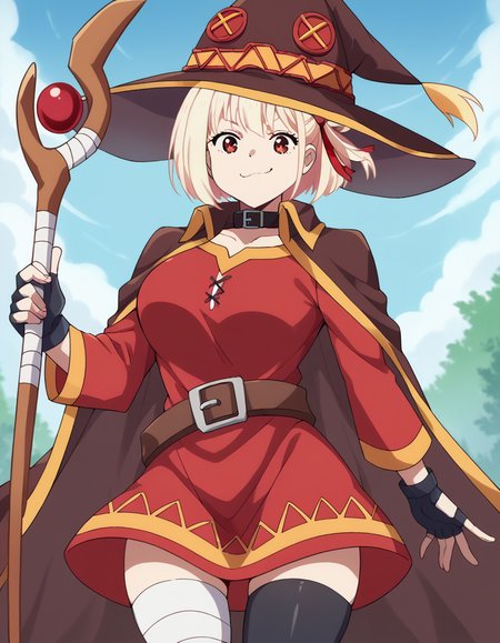 score_9, score_8_up, score_7_up, source_anime, chisatonishikigi, <lora:chisato-nishikigi-s1-ponyxl-lora-nochekaiser:1>, chisato nishikigi, short hair, bangs, blonde hair, red eyes, hair ribbon, one side up, bob cut, large breasts,, <lora:megumin-cosplay-ponyxl-lora-nochekaiser:1>, megumin cosplay, megumin (cosplay), thighhighs, gloves, hat, dress, black gloves, belt, black thighhighs, fingerless gloves, cape, collar, witch hat, bandages, red dress, single thighhigh, asymmetrical legwear, bandaged leg,, staff, holding staff, smug, outdoors, looking at viewer, cowboy shot,