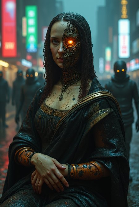 The Mona Lisa, reimagined as a decaying android, half her face revealing intricate mechanical gears and decayed wires, cracked and rusted metal skin peeling away, one glowing eye, sitting in a neon-lit cyberpunk city, dark rain-soaked streets, towering holographic advertisements, dripping neon oil from her exposed circuits, a group of eerie cybernetic beggars in the background, flickering signs, the atmosphere is haunting yet futuristic, textures of rust and slick wet pavement, moody lighting, a mixture of Leonardo Da Vinci’s Renaissance style and futuristic dystopian aesthetics.