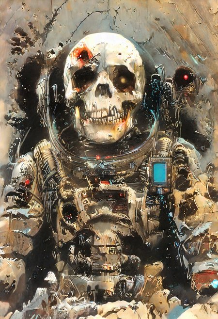 score_9,score_8_up,score_7_up, ((masterpiece,best quality)),absurdres, John Harris Style page, style of Simon Bisley, Simone Martini Style, space_space, dead astronaut, skeleton in a space suit, torn rusty dirty white american space suit, broken space suit helmet,skull in helmet, glass shards, floating through space, space stars galaxy background,
