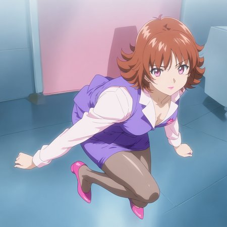 solo,looking at viewer,masterpiece,high score,great score,absurdres,anime coloring,<lora:Madoka_Suehiro ag4o v1:1> madoka_suehiro, brown hair, short hair, pink eyes, lipstick,purple suit,vest,pantyhose,pinks shoes,