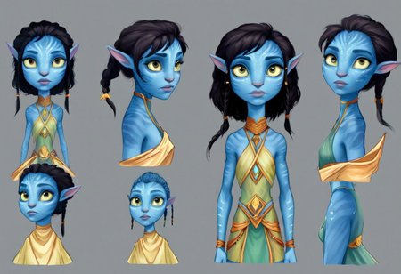 Character Design page of a young female Avatar navi alien with blue skin, wearing leaf tunic
