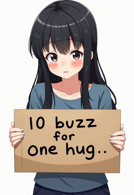 ((masterpiece)), best quality, ultra-detailed, a woman in casual clothing ((holding a cardboard that reads "10 buzz for one hug".)), anime style, 1girl, long black hair, embarrassed, blushing, shy look, looking at the viewer