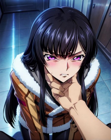masterpiece, best quality, newest, absurdres, highres, detailed eyes, beautiful, detailed background, perfect eyes, anime coloring, anime screencap,<lora:add-detail-xl:0.5>
<lora:Glaring_expression:0.6>Glaring_expressionV1, 
1girl,hetero,1boy,solo focus,pov, annoyed expression,
hand on another's chin,glaring expression,blush, 
grab the chin,angry, v-shaped eyebrows, angry, 
Scowling face,	disgust, Tsk,parted lips,
BREAK
<lora:Sakuya_Sumeragi_Code_Geass_Rozé_of_the_Recapture_-_Illustrious:0.7>Sakuya coat outfit, long hair, purple eyes, pantyhose, black hair, black hair, 
 code geass, official art,