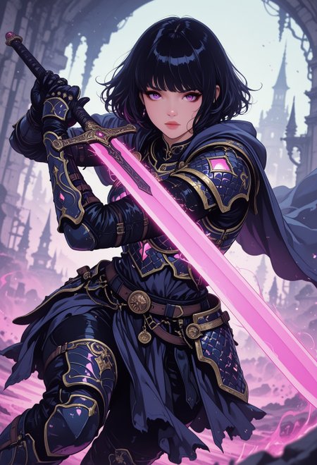 <lora:ck-nc-cyberpunk-IL-000011:0.35>,  masterpiece, best quality, good quality, very aesthetic, absurdres, newest, 8K, depth of field, focused subject, dynamic angle, action shot, cholographic shimmer intricate armor, whimsical ghostly woman hkbeauty looking at the viewer while aiming with a otherworldly glowing sword, manga, fantasy, inksketch, auraflow, 
in the style of cknc, in the style of ck-rw
<lora:MoriiMee_Gothic_Niji_Style_Illustrious_r1:0.5>
<lora:ck-neon-retrowave-IL:0.55>
<lora:ck-shadow-circuit-IL:0.65>
