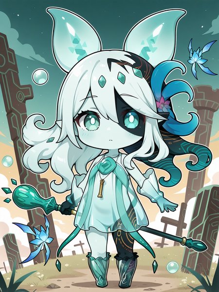 monster girl,icejade acti,1girl,solo,chibi,looking at viewer,full body,holding staff,staff,closed mouth,hair flower,green bubble,see-through body,see-through gloves,see-through dress,bubble pipe necklace,cyan fairy,see-through knee boots,heterochromia,historical ruins,heterochromia,
masterpiece,best quality,amazing quality,very aesthetic,absurdres,newest,<lora:Icejade Acti illuXL v1.2:0.83>,