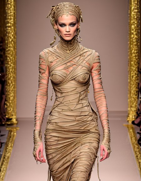 Haute Couture Fashion 1girl in (eddie:1.5) style, looking like a mummy,on a catwalk, hyper detailed, highly intricate,,,, Haute Couture Fashion, often for custom-fitted clothing, luxurious materials, or high-end design.
