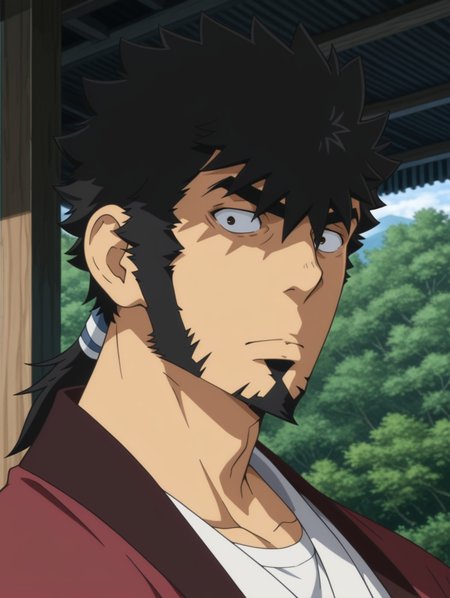 Kyouma Mabuchi, long sideburns, 1boy, white shirt, japanese clothes, outdoors, mature male, short hair, ponytail, portrait, solo, masterpiece, best quality, amazing quality