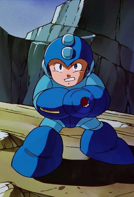 berserk, megaman, rockman, mega, rock, arm cannon, blue and cyan armor, helmet, classic, 1boy, kid, child, male, solo