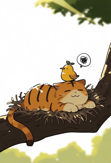 chii-kun \(seedyoulater\), naguru \(cyoroama\), 
very awa, masterpiece, highres, absurdres, newest, year 2024, year 2023, 
(cat:1.2), tiger-cat, (no humans:1.1), sleepy, paws, fur, (cute:1.2), comfy, solo, on stomach, 
on tree, lying on branch, =_=, :3, spoken squiggle, (bird's nest on head:1.2), head tilt, 
day, sunlight, sunrays, single fang, fang out, 
<lora:TA_trained:0.75>, <lora:ponyv4_noob1_2_adamW-000017:0.33>, <lora:shiroski:0.75>,