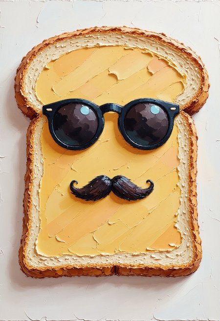 t3xtur3dart,
A pair of sunglasses and a mustache drawn on a slice of bread