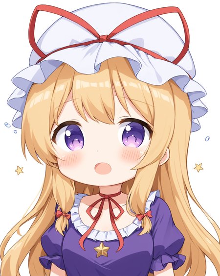 yakumo yukari,1girl, solo, >_<, chibi, open_mouth, mob_cap, white_gloves, white_background, purple_dress, blush, simple_background, hat_ribbon, tears, flying_sweatdrops, upper_body, crossed_bandaids, wavy_mouth, ribbon_choker
<lora:yakumo_yukari_image6089_2023-12-20-000007:1>,star-shaped_pupils,symbol-shaped_pupils,. gorgeous,key visual, vibrant, studio anime,award-winning, professional, highly detailed,high budget, cinemascope