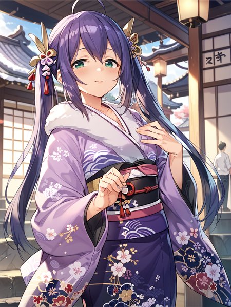 score_9,score_8_up,score_7_up,
official art,official style,game cg,megami magazine,
uncensored,
1girl,solo,
mochizuki anna,purple hair,green eyes,ahoge,twintails, 
japanese clothes,obi,obijime,obiage,kimono,fur-trimmed kimono,fur trim,
<lora:idolmaster_mochizuki_anna_pony_v1:1>,