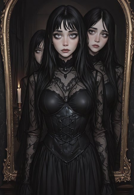 darkmode, (((best quality))), (((masterpiece))), (((amazing quality))), (((very aesthetic))), (((detailed eyes))), (((perfect eyes))), (((realistic eyes))), pale-skinned goth girl standing near an antique mirror, soft candlelight reflecting off her black leather corset and sheer mesh top, long black hair with full bangs, thick black glasses glowing subtly, deep eye contact with viewer, dark velvet curtain background, cinematic shadows, soft rim lighting, gothic jewelry, moody noir tone, faint haze, introspective atmosphere, 58mm lens,