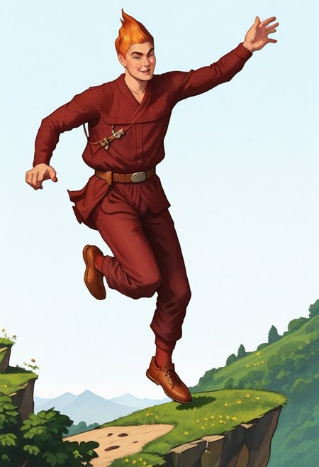 score_8, score_8_up, score_7_up, oblivionarts, 1boy, male focus, solo,  adoring_fan, (((jumping off a cliff))), simple background,