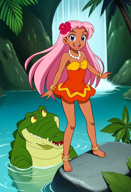 Tick tock crocodile,male animal focus,tail, crocodile open large mouth ,green skin, blue eyes, Tick Tock the crocodile is giant and very huge size,teeth, swimming in water,partially submerged,Tick Tock the crocodile looking at a young girl who she is standing on rock cliff. Little_Girl_anime_manga,long hair,pink hair, dark-skinned female,the girl her very smal size, purple eyes, ancient tropical_clothe, chest_band,red very long_dress, jewelry, dark skin, smile, necklace,hair flower, bracelet, anklet, barefoot,open mouth,river,palm trees, jungle, Disney, waterfall,anime, manga