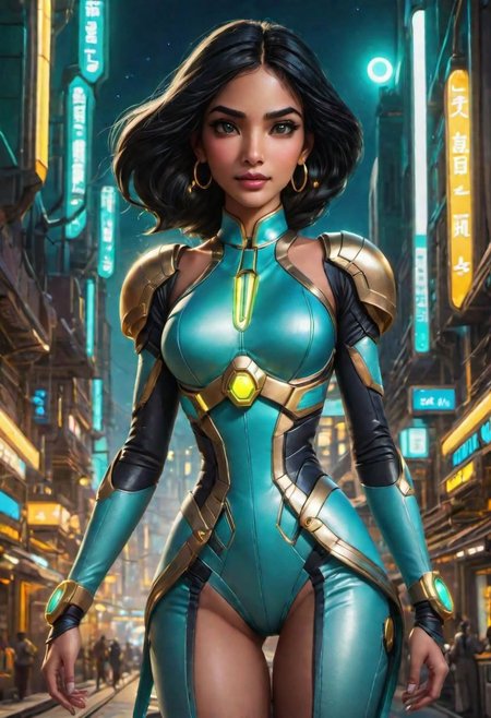 (masterpiece), 
1girl,
Jasmine, 
OverallDetail,
powered futuristic outfit,
powered futuristic necklace,
golden light energy,
cyberpunk city at (night) background,
