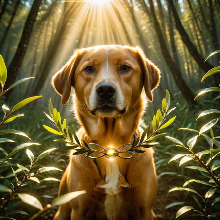 A dog holding an olive branch in its mouth, against the backdrop of a radiant sun. In the surroundings of the dog, the symbol of infinity. Bojan Jevtic's style.
sacred geometry