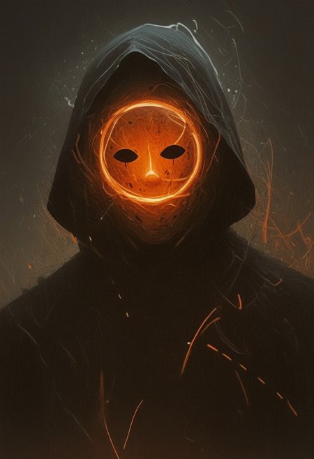 ((((abstract shapes)))), darkness, (evening),((contemporary surrealism)), by Caspar David Friedrich, thick brush strokes, a dark hooded figure, wearing a glowing circle_mask, black robes, face obscured, abstract composition, asymmetric, dark, warm glow, (streaks), circles, black background, abstract film grain, ((messy composition)), (long exposure), dust, atmospheric, dark vs light, blurry mask,