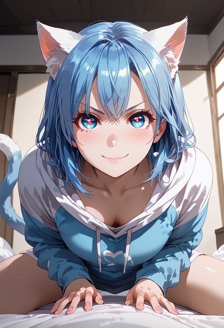 score_9, score_8_up, score_8, 1girl, Catgirl, slimes_aizome, solo, blue hair, white cat ears, white cat tail, heart eyes, oversized hoodie, on bed, shiyukilean, leaning forward, pov, >:\), looking at viewer, v-shaped eyebrows, closed mouth, face focus, highly detailed, dynamic angles, dynamic pose, very amazed, smile, big eyes, Expressiveh, vivid colors, looking at viewer, low angle, view from below