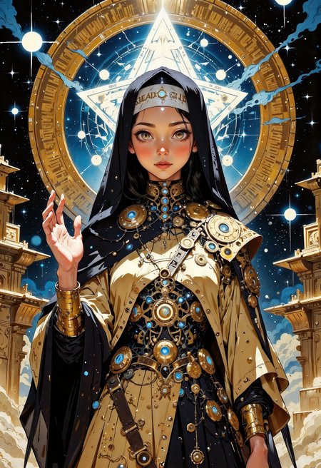 (in Otomo Katsuhiro style:1.2), masterpiece, high-quality, A biomechanical nun adorned in metallic robes embedded with slowly rotating gears and pulsing circuitry, each symbol etched with ancient script, Hovering glowing disks orbit her like planets around a star casting geometric patterns across her face, Her gaze is serene and she raises a hand as if blessing the surrounding space with energy, mechanical divinity, techno-relic, cosmic blessing, Stylized anime with intricate textures and metallic highlights, (elaborate fine details:1.1), (hyperdetailed:1.1), (intricate details:1.0), (Refined details:1.1), (best quality:1.1), (high resolution:1.2), <lora:FLUX\Anime v1.3:0.6> <lora:FLUX\VividlyReal:0.6> <lora:FLUX\FLUX-daubrez-DB4RZ:0.4>