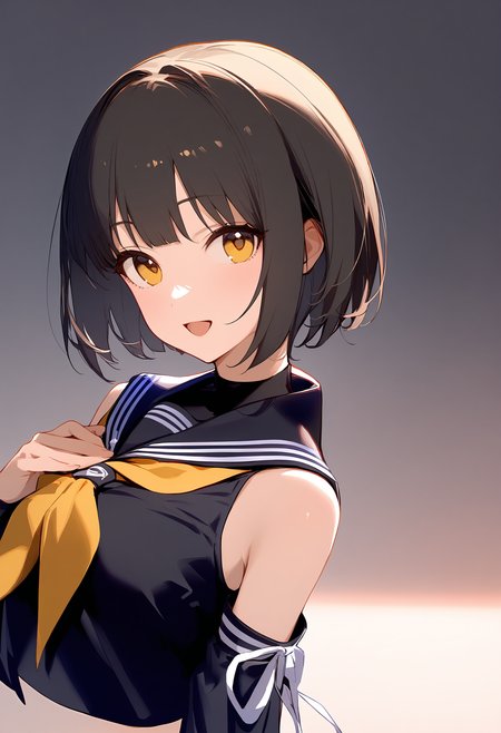 1girl,
takafuji kako,


neckerchief, arm ribbon, smile, arm at side, short hair, hand on own chest, sidelighting, sailor collar, long sleeves, upper body, bob cut, black shirt, open mouth, ribbon, shirt, hand up, black hair, turtleneck, looking at viewer, light blush, yellow eyes, yellow neckerchief, simple background, white background, sleeveless turtleneck, black sailor collar, white ribbon, blunt bangs, sleeveless, detached sleeves, sleeveless shirt, solo, cropped torso,

sfw
<lora:a31_char_new_takafuji_kako:1> <lora:a31_style_koni-000010:0.8>